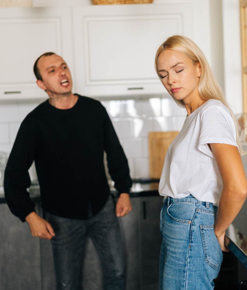 Angry person yells at partner showing disastrous behavior