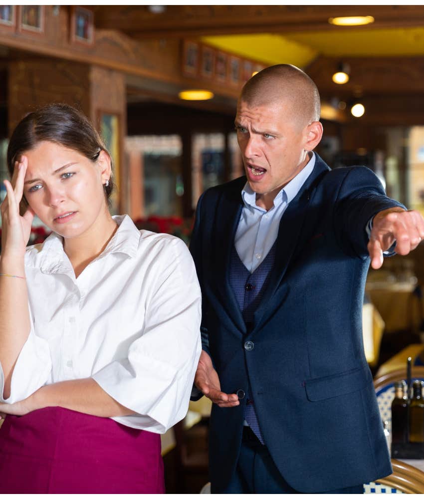 Man shows major sign being rude to waitstaff