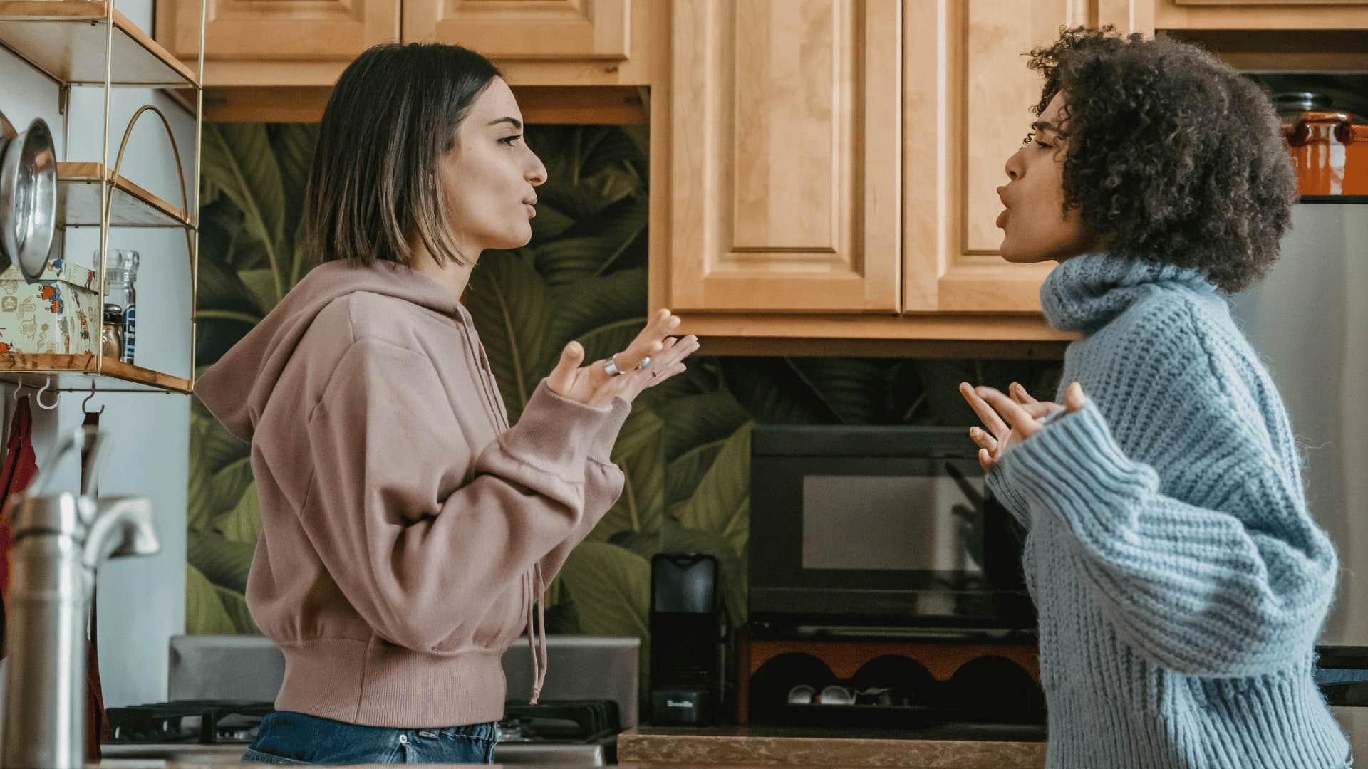 Two women who are overwhelmed and exhausted being easily irritated with each other